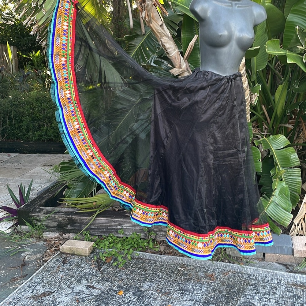 Bollywood sheer black mesh skirt with tribal brocade hem